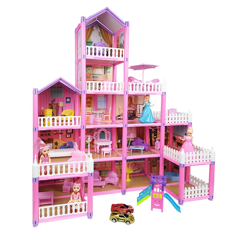 Princess Big Villa DIY Dollhouses Kit Pink Castle House Kit Assembled Doll House Toys Pretend Play Toys Christmas Birthday Gift