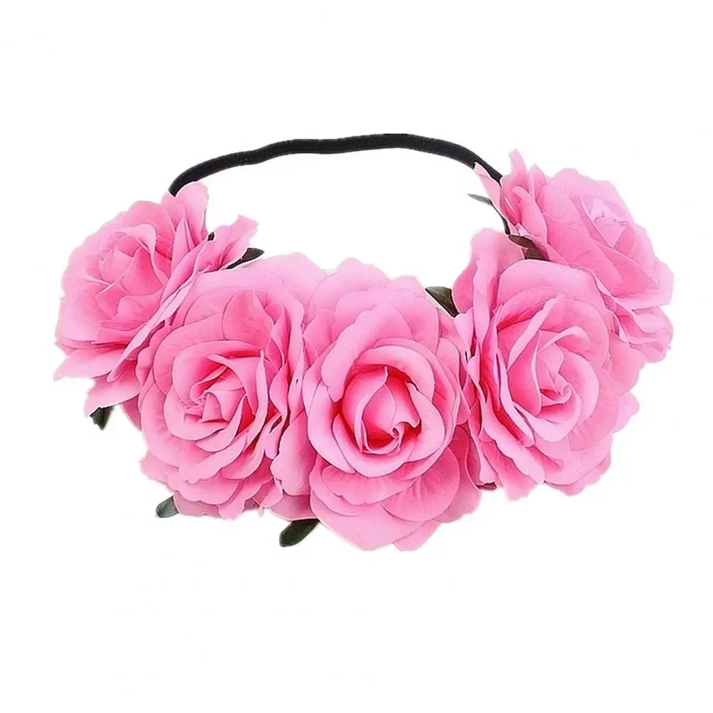 Rose Flower Crown Elegant Women Headband Handmade Hair Hoop 5 Artificial Roses Elastic Bohemia Style Hair Hoop Hair Accessory