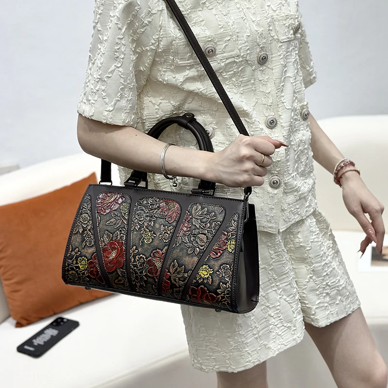 Vintage 3D Embossed Floral Crossbody Bag for Women, Retro Carved Flower Top-Handle Satchel Shoulder Bag, Vegan PU Leather