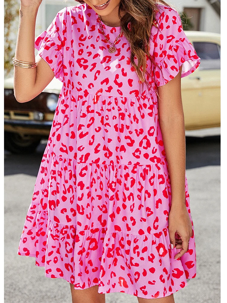 HELIAR Women Boho Sweet Dress abito Casual allentato manica corta o-collo Leopard Printed Dresses Ruffles Beach Vestidos Summer