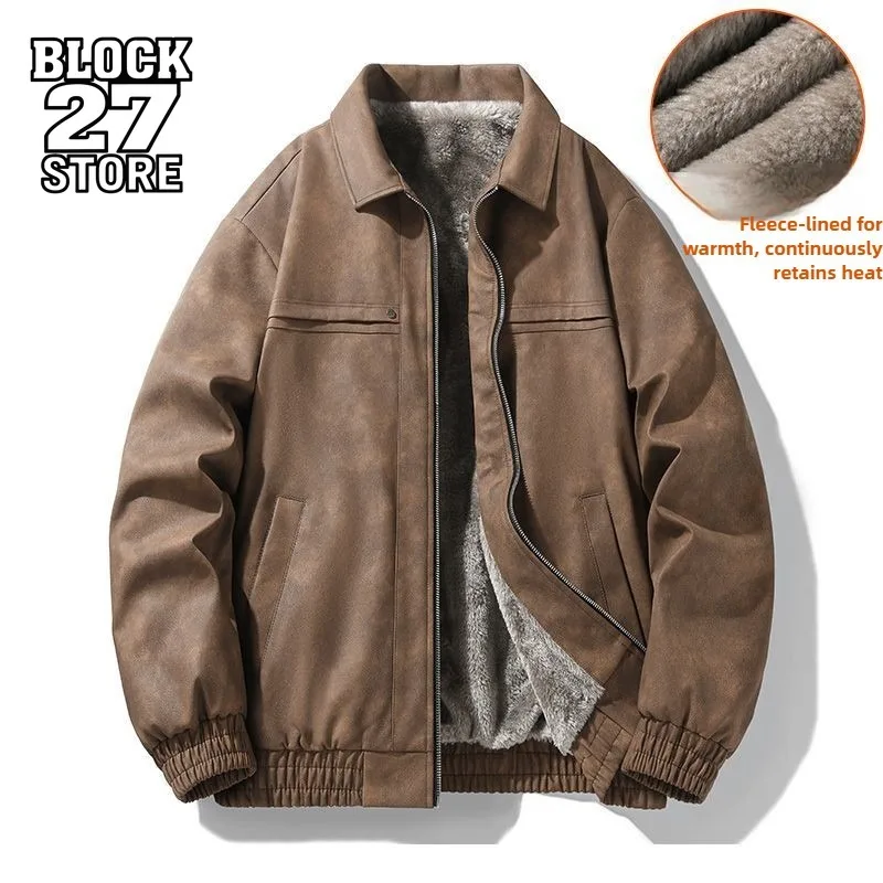 

Mens Jacket Harajuku American Vintage Thickened Faux Leather Coat Lapel Loose Retro Motorcycle Outerwear Autumn Winter Casual
