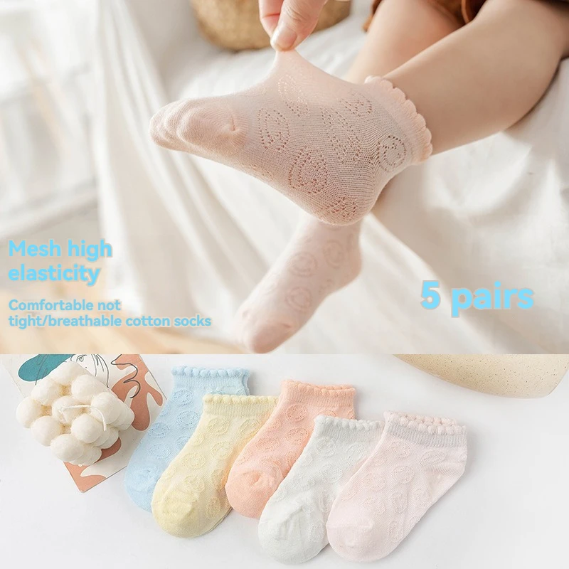 5 Pairs Spring Summer Children Cloth For Baby Boys Girls By Comfortable Soft Cotton Short Tube Mesh Lace Rib Socks