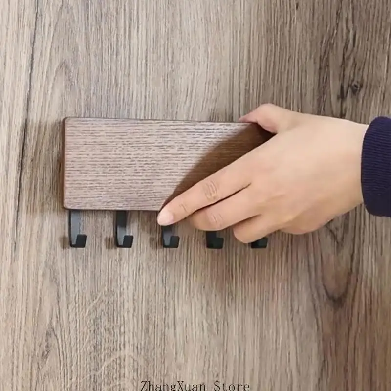 Schlüsselhalter aus Holz und Kohlenstoffstahl, ohne Bohren, Wandmontage, Schlüsselhaken für den Eingangsbereich, 3XUF – Detail 8