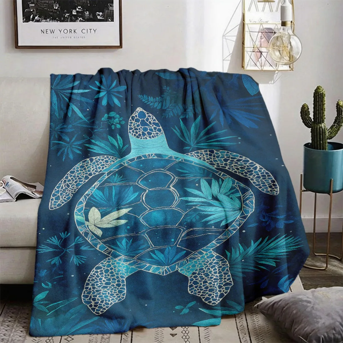 Ocean Tribal Sea Turtle Flannel Blanket, Tropical Underwater Plant Art Throw for Living Room Bedroom & Warm Holiday Gift Picks