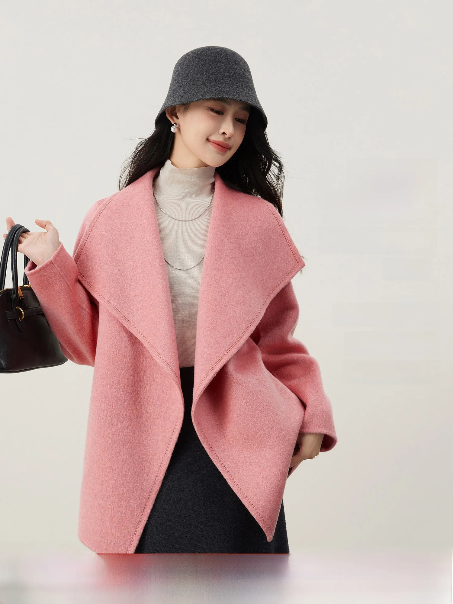 

Ele Ready 00 High-Count Wool Double-Breasted No-Cuff Autumn Winter Mid-Length with Belt Double-Sided Woolen Coat Women