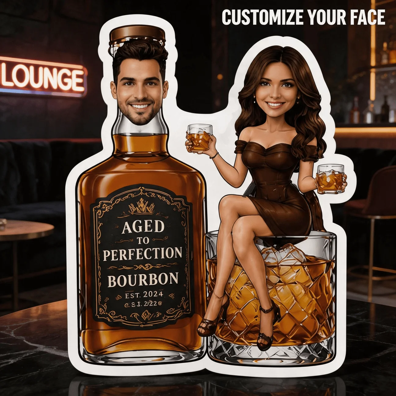 Custom Photo Shaped Pillow, Personalized Couple Face on Whiskey Bottle & Glass Design, Decorative Cushion for Sofa & Bedroom, Un