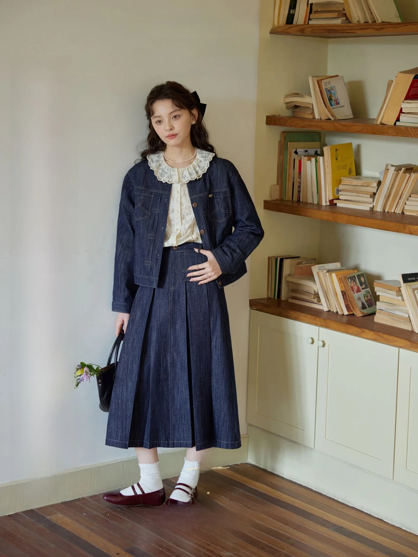 

Nov Et Casual Long Sve Jeans Jaet And Skirt Set High Waist Pants Button Closure Commute Sle Cotton Fabric Autumn Wear