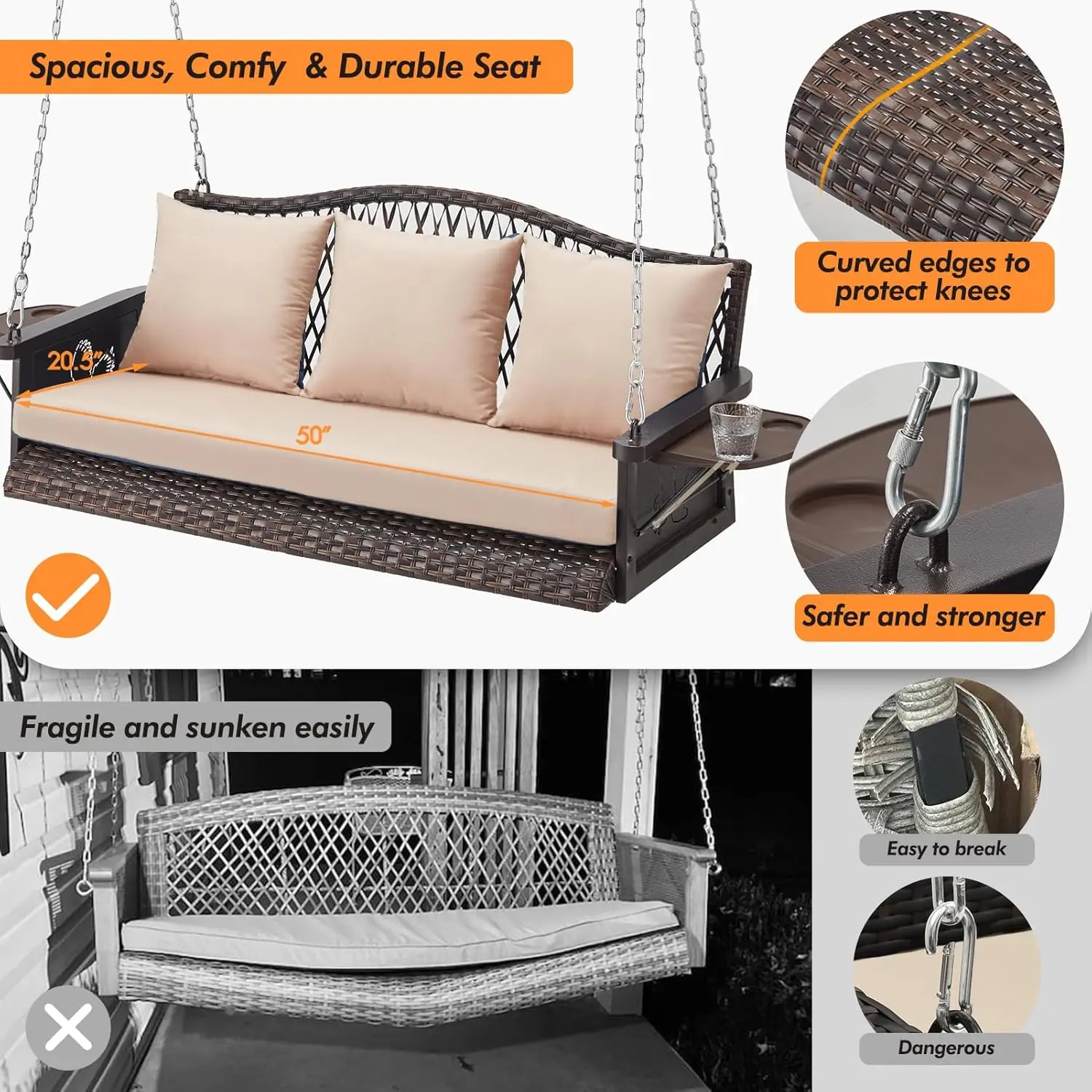 Wicker Hanging Porch Swing Heavy Duty 900lbs 3-Seat Outdoor Patio Swing Chair Bench for Adult w/ 8.9ft Hanging Chains