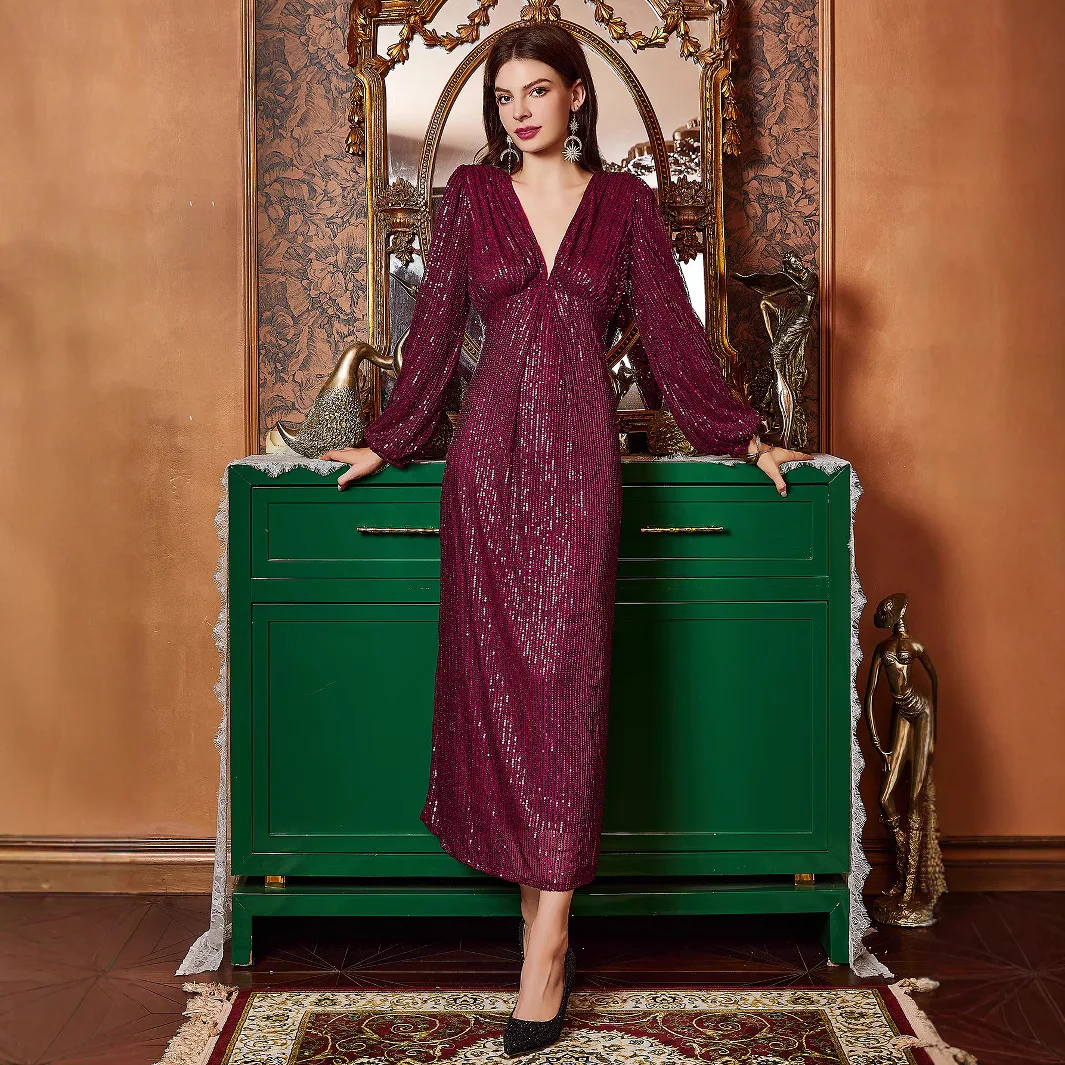 

Новое однотонное элегантное тонкое летнее банкетное вечернее платье с v-образным вырезом и пайетками Kpop, летнее платье 2025 года, халат, женское элегантное платье