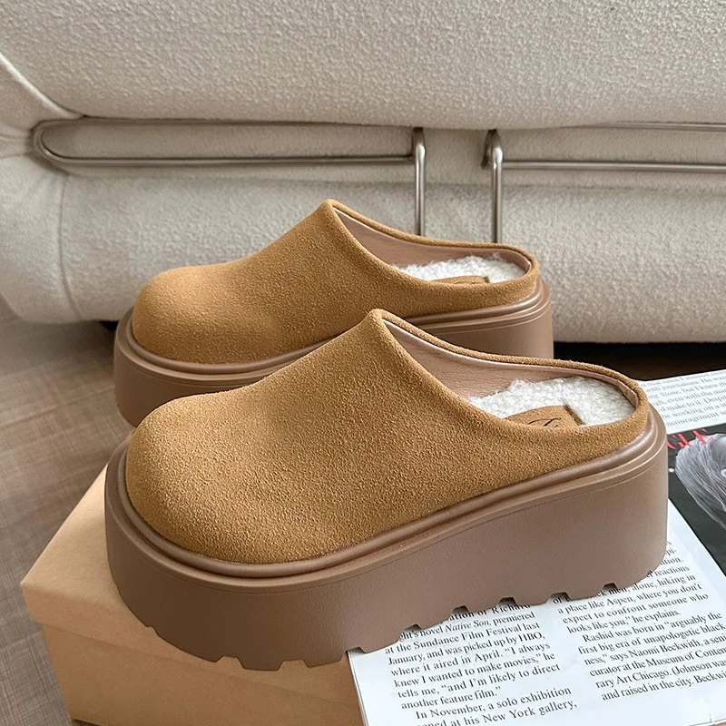 

Винтажные женские теплые хлопковые шлепанцы на платформе и каблуке, модные туфли без шнуровки с закрытым носком, женские удобные уличные шлепанцы для ленивых