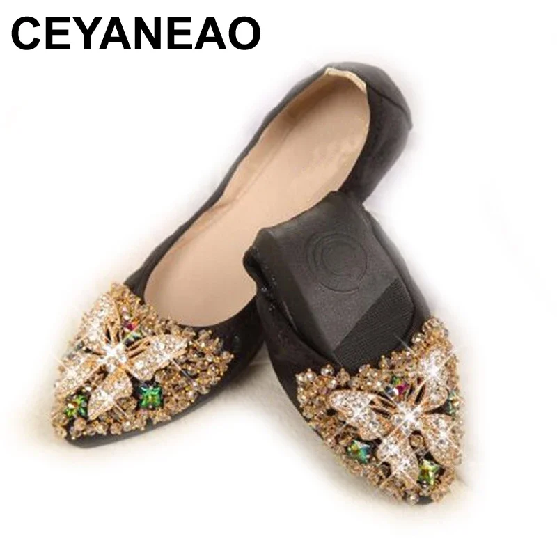 CEYANEAO New Fashion Butterfly Knot Solf Women's Flats Plus Size Rhinestone Egg Rolls Shoes Woman Spring Dancing Ballet Flats