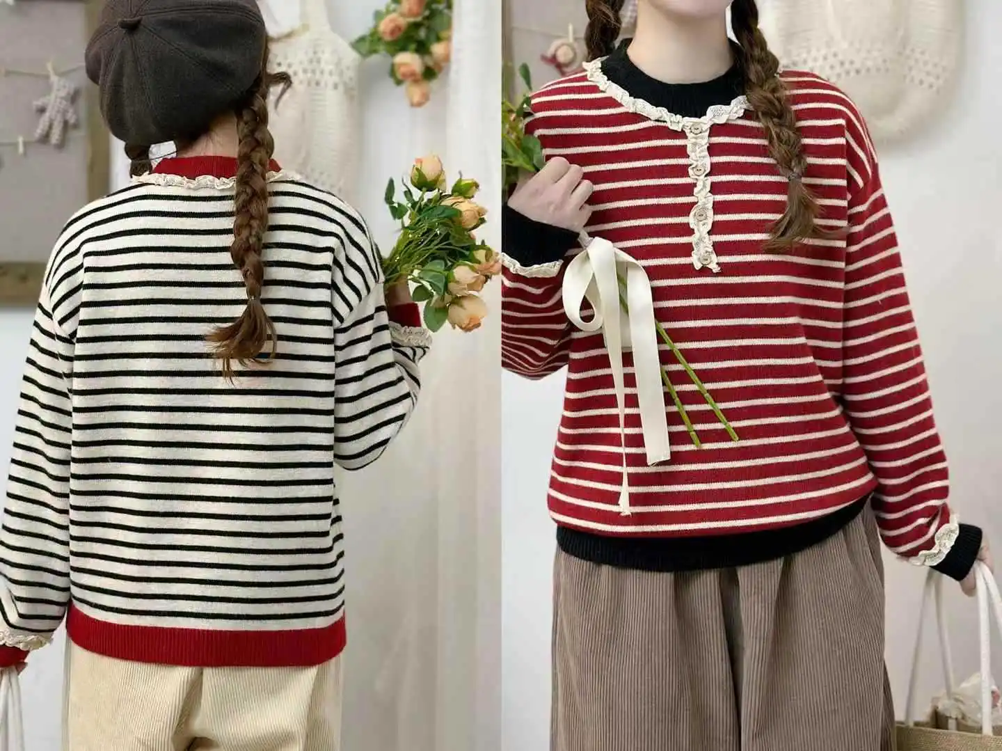 Japanese Sweet Mori Girl Striped Patchwork Knitted Pullover Sweaters Women Autumn Stand Collar Long Sleeve Casual Knitwear Tops