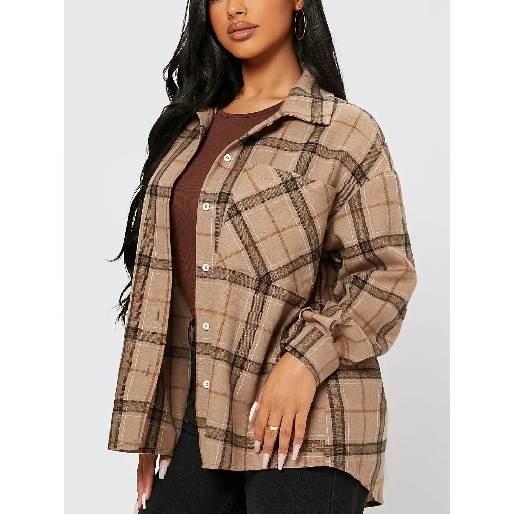Plus size 1xl-5xl moda feminina xadrez-impressão carcela com lapela gola camisa senhoras casual mangas compridas blusa camisa topo