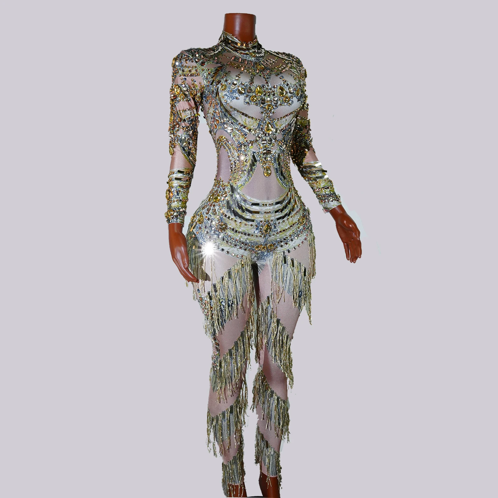 Full Gold Rhinestones Jumpsuits Sexy Printed Tassels Drag Queen Costume Dance Show Women Wear Singer Birthday Performace Outfit