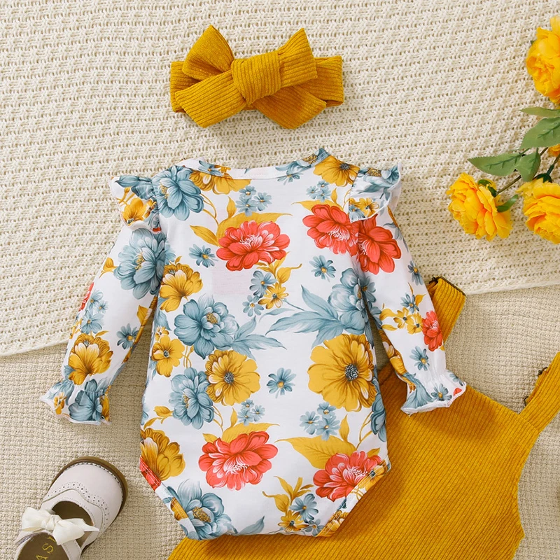 3Piece Spring Autumn Baby Girl Clothes Korean Fashion Flowers Long Sleeve Newborn Bodysuit+Dress Toddler Boutique Outfits BC1842