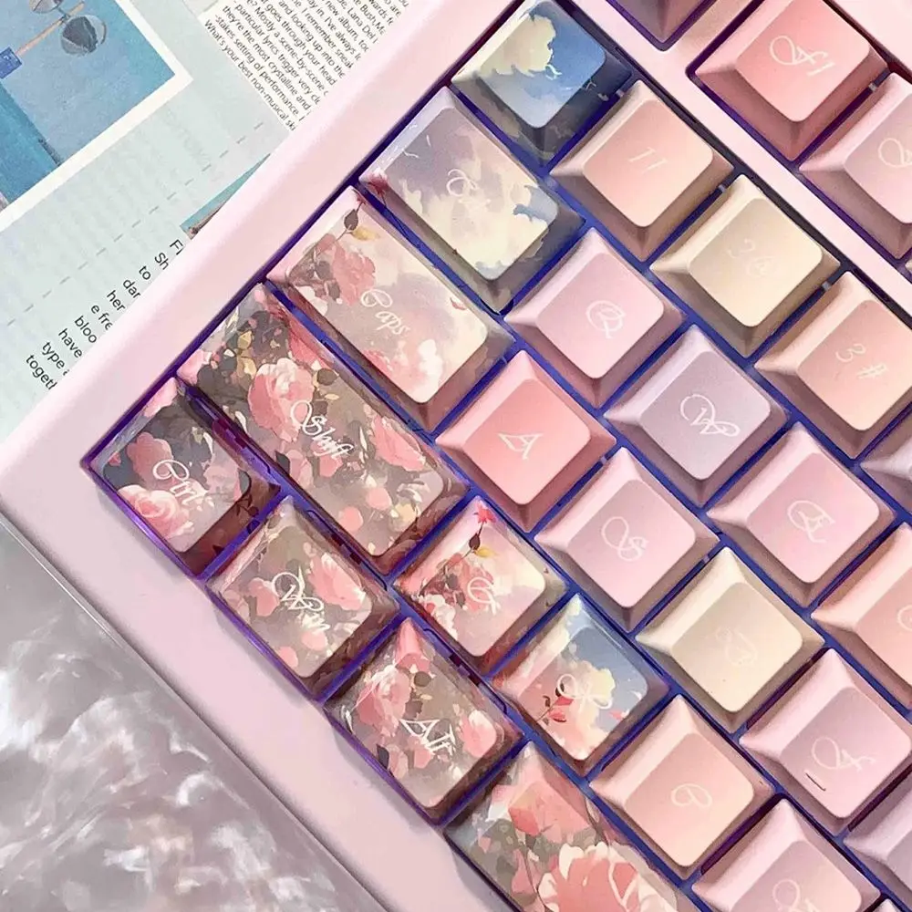 Translucent Pink Keycap Oil Painting Rose PBT Material Cherry Height 134/141Keys For Mechanical Keyboard Modification DIY keycap