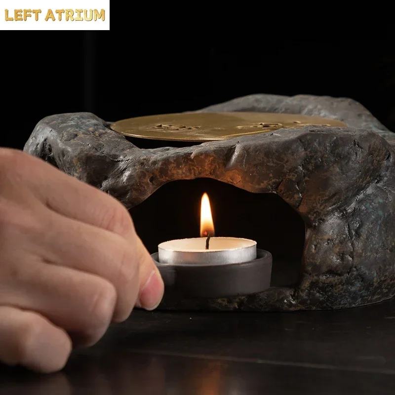 Candle warm tea base coarse pottery Kung Fu tea set retro style stone warm tea set household heating copper pad