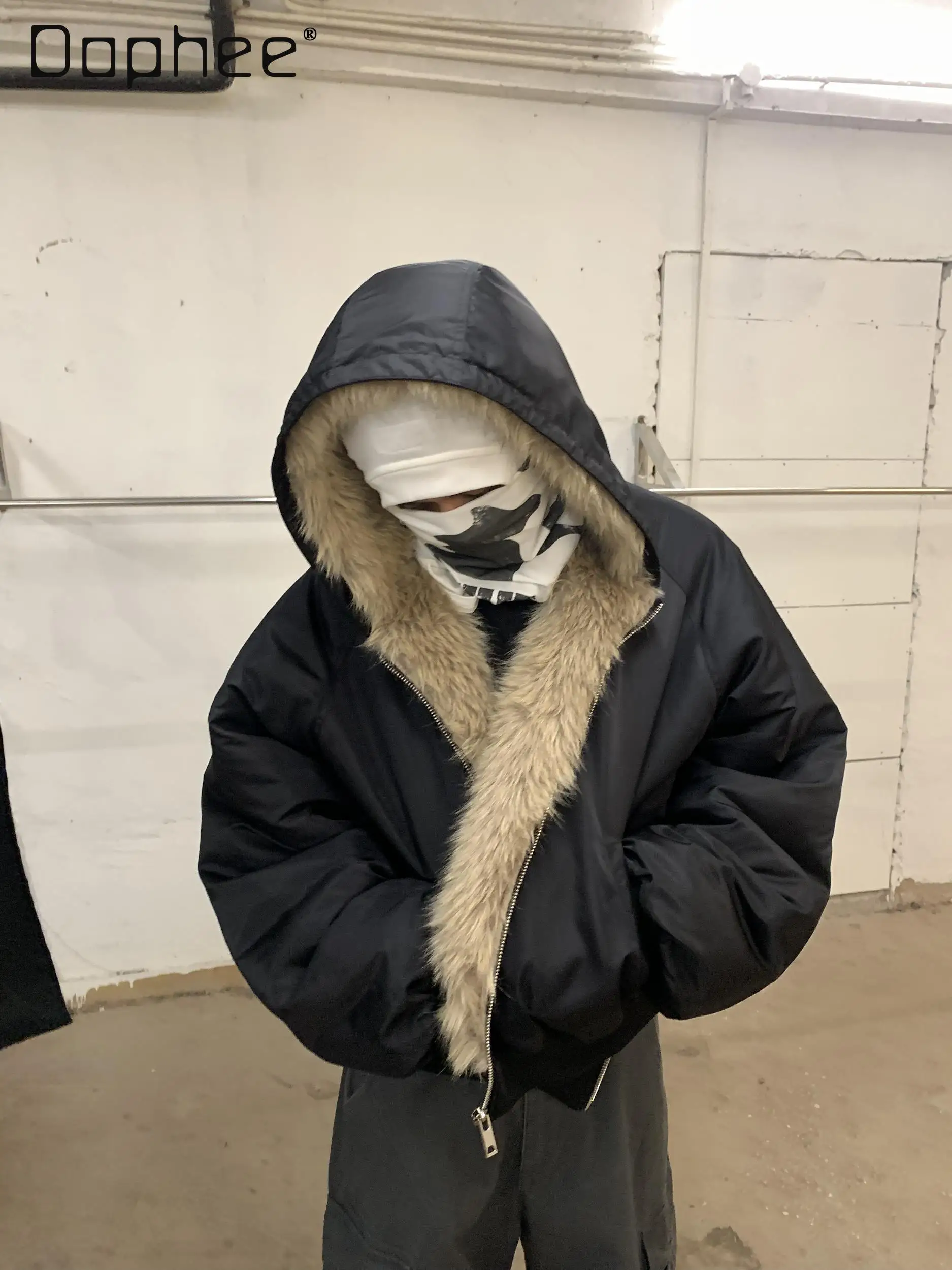 

Street Personality Handsome Men Eco-Friendly Fur Hooded Thickened Jacket Heavy Craft Fleece Thickened Cotton Coat Men Clothing