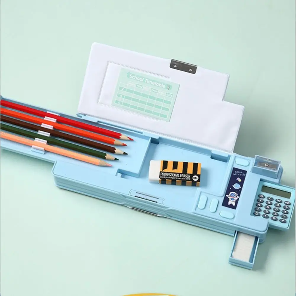 Plastic Pencil Case With Calculator/Pencil Sharpener Double Layer Pencil Box Large Capacity Multi-Functional