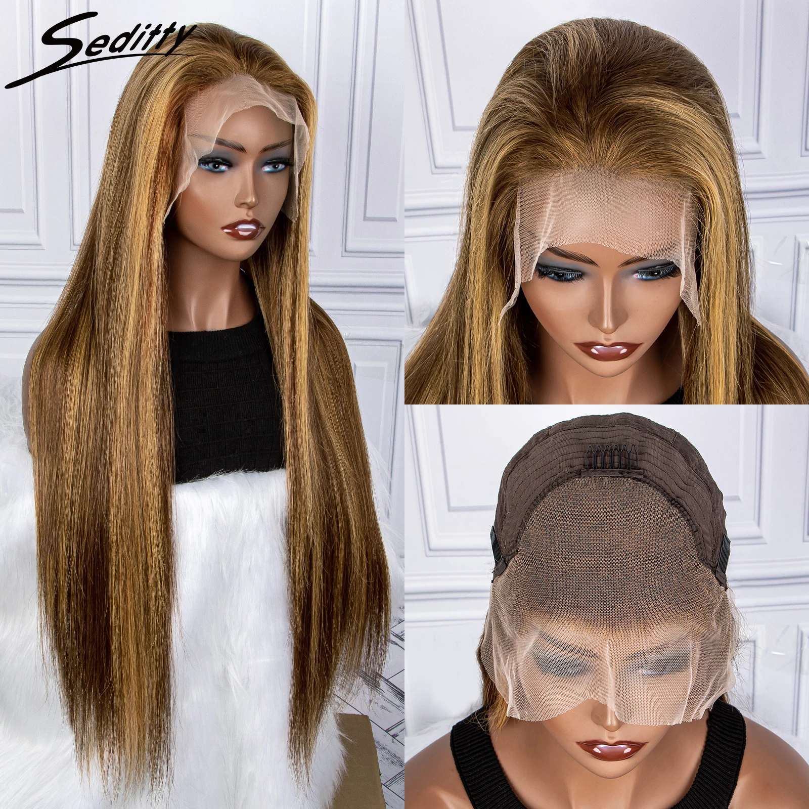 

Highlight Straight Human Hair Wigs Long Length 13x4 Lace Frontal P4/27 Human Hair Wigs For Women 4/27 Colored Honey Blonde Wigs