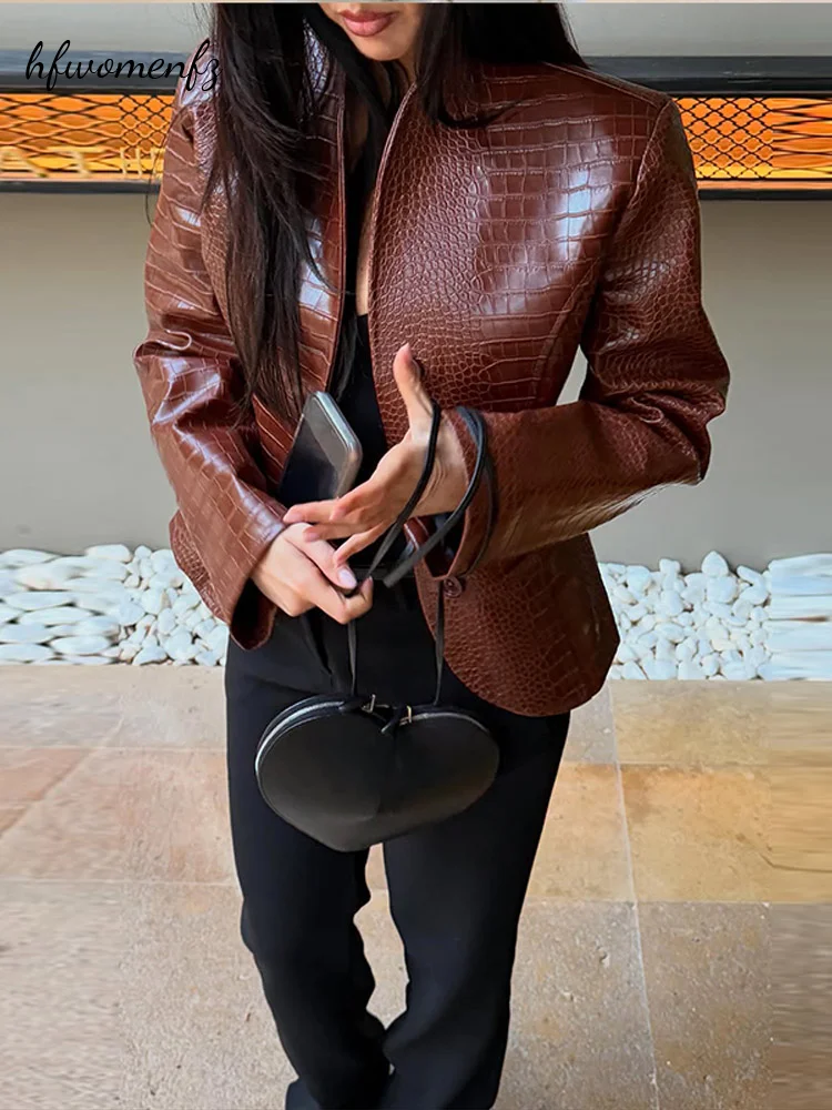 Crocodile Embossed Faux Leather Women's Short Jacket Vintage Brown Stand Collar Single Breasted Waist-cinching Coat 2026 New