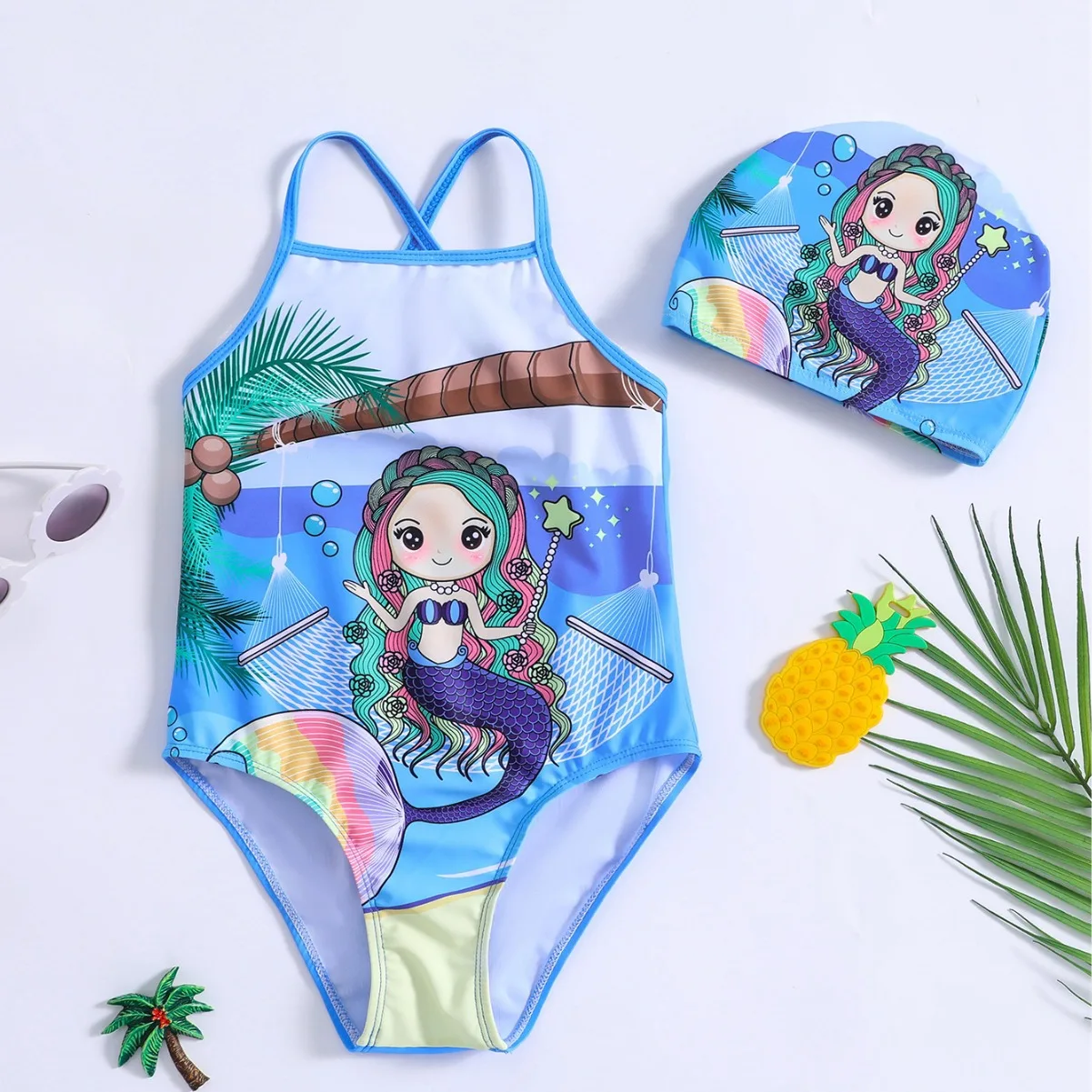Baby one piece swimsuit with seaside mermaid print,cross strap with swim cap,suitable for seaside and pool play