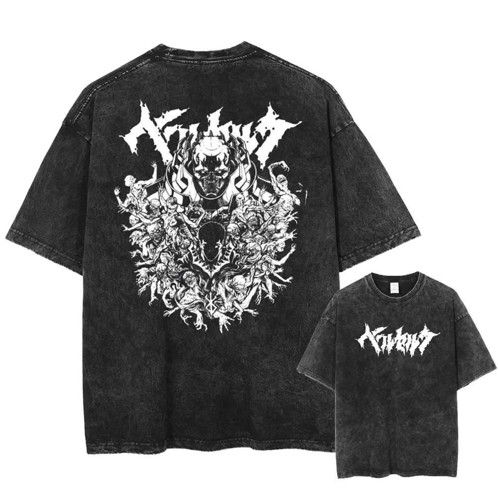 Berserk Guts Anime T-Shirt Herren Vintage Gewaschenes Schwarz Übergroßes Streetwear Baumwoll-Kurzarm-Shirt mit Grafik Unisex Oberteil – Detail 7