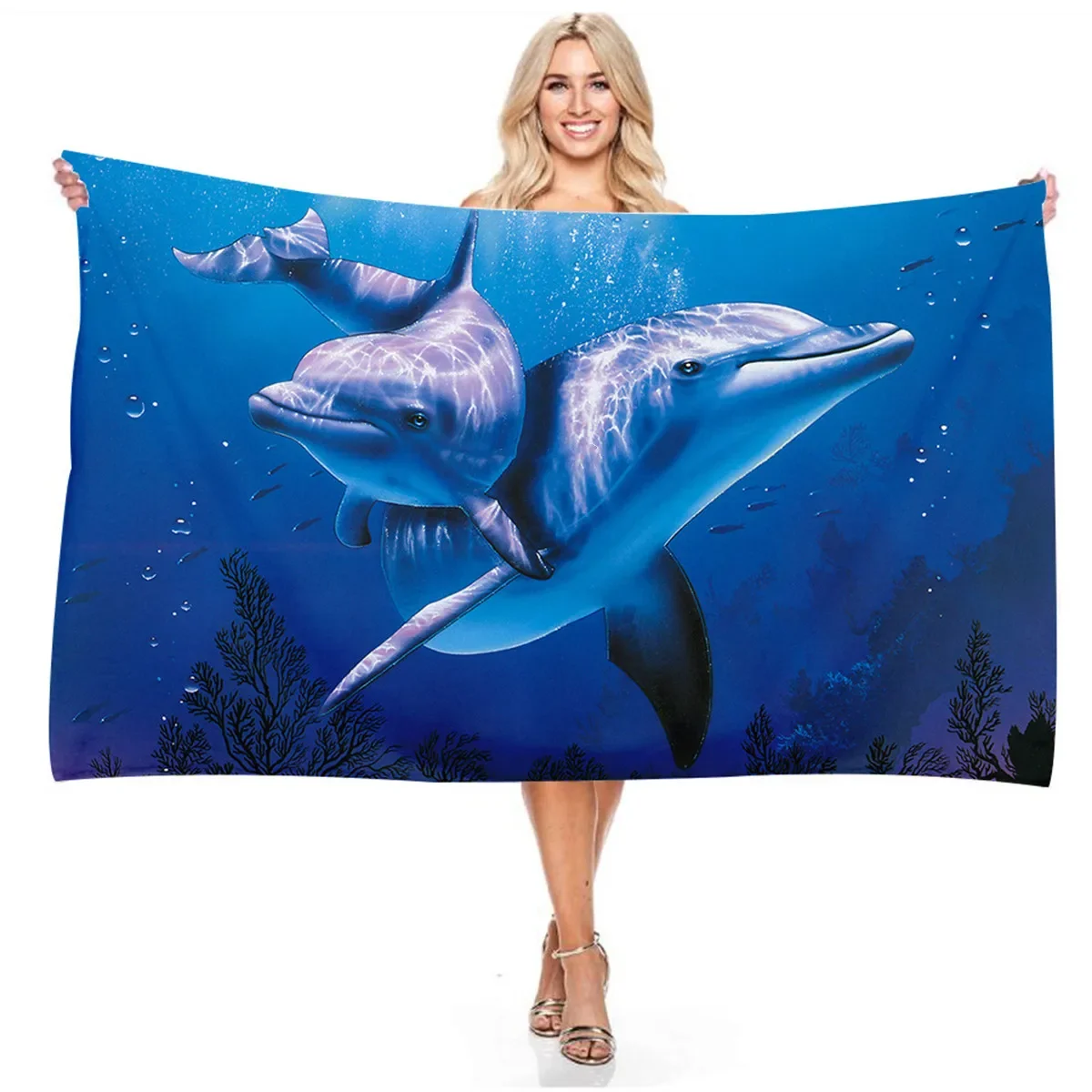 Blue Leaping Dolphin Animal Design Beach Towel Quick Drying Absorbent Soft Family Bathroom Outdoor Multifunctional Women Kid Men