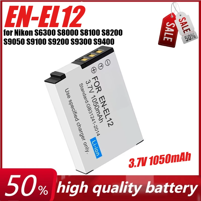 

3.7V 1050mAh EN-EL12 for Nikon S6300 S8000 S8100 S8200 S9050 S9100 S9200 S9300 S9400 S9500 S9600 S9700 S9900 Camera + Charger