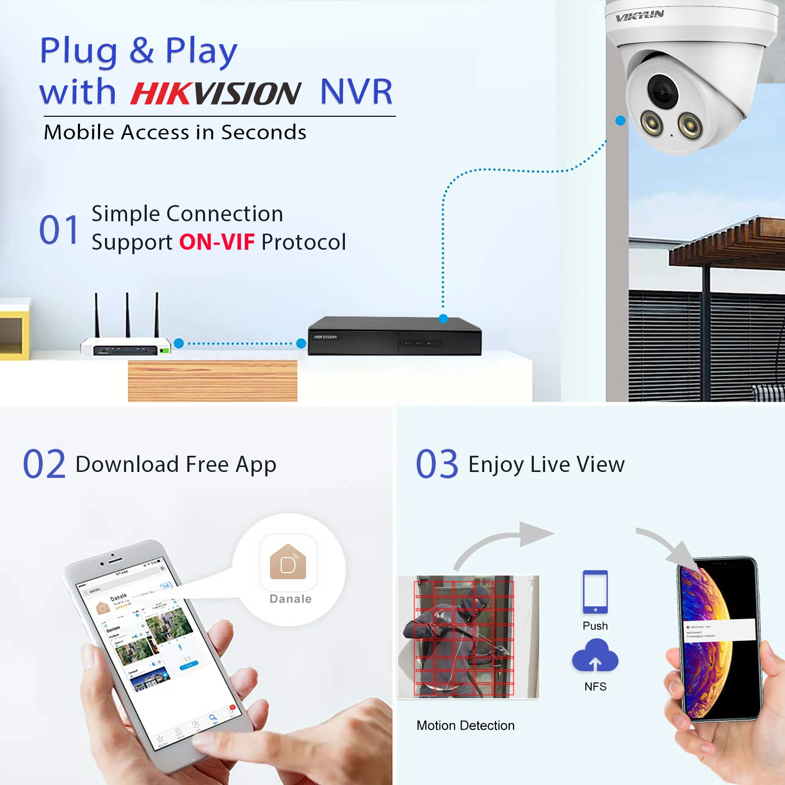 Vikylin 5/8MP ColorVU IP camera for hikvision compatible Human Vehicle Detection Smart Home CCTV POE Security Camera ONVIF H2.65