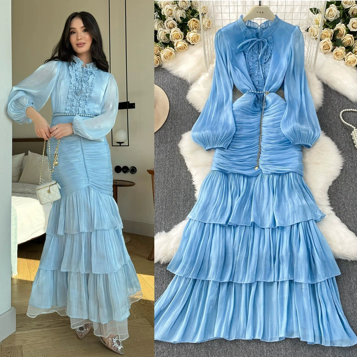 

Elegant Ruffles Long Sleeve Maxi Mermaid Dress Summer Autumn Women Casual Satin Fishtail Cake Dresses Prom Evening Vestidos