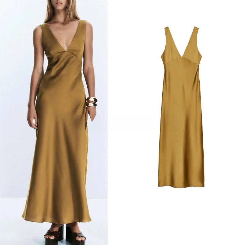 Autumn New Arrival Women's Long Silk Satin V-ne Midi Dr Beach Vaion Sle Casual X-aped Polyester Fiber Dr