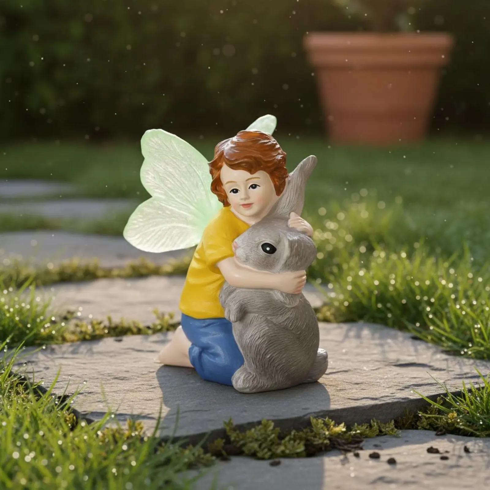 Boy and Rabbit Figurine Lifelike Details Child Hugging Bunny Statue Resin Rabbit Sculpture Gift-Ready House Decoration Mini view 2
