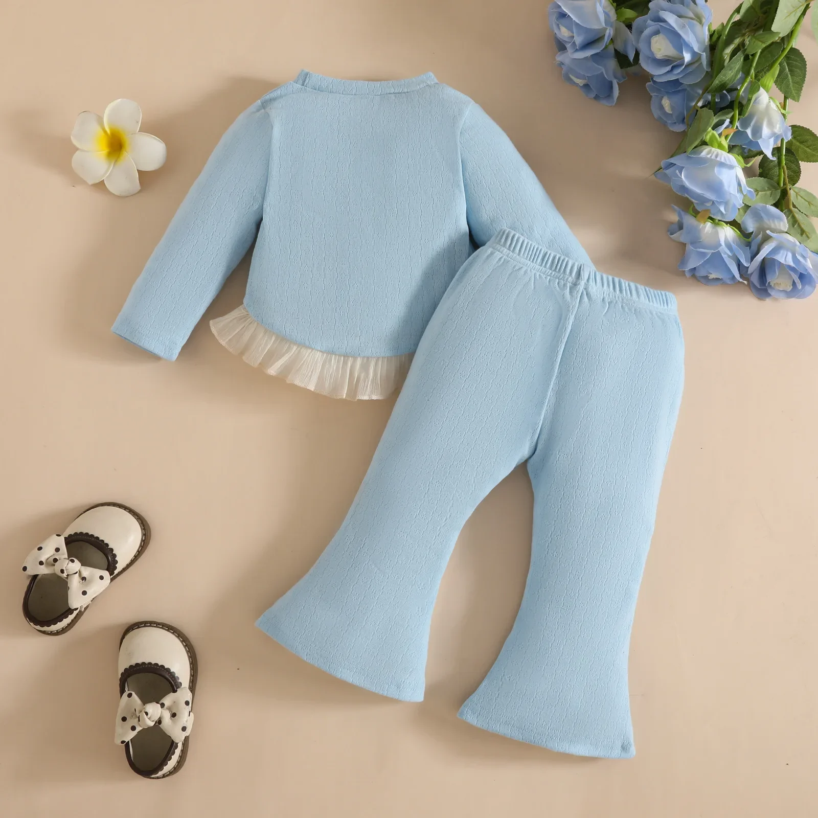 2 قطعة ربيع الخريف الفتيات الزي مجموعات الكورية أزياء لطيف الزهور طويلة الأكمام الأزرق الطفل قمم + السراويل بوتيك الاطفال الملابس B064 #4
