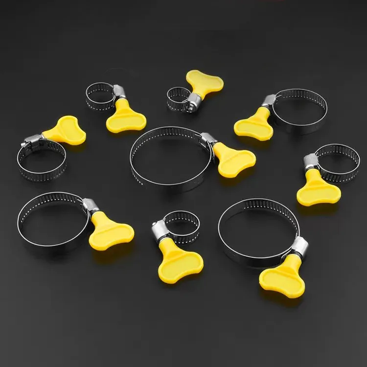 5pcs 8-44mm Adjustable Yellow Plastic Handle Hand Twist Hose Clamps Worm Driving Stainless Steel Pipe Clips For Tube