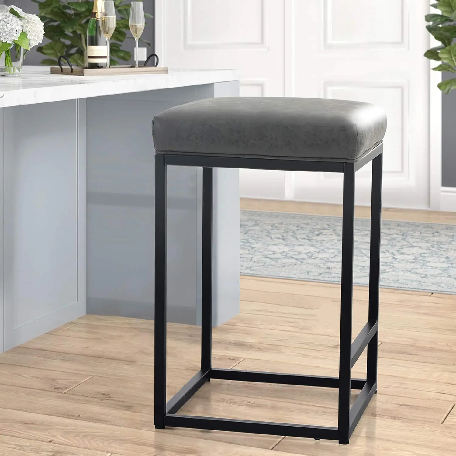 

Counter Height 24"" Bar Stool For Kitchen Counter Backl Modern Barstool Industrial Upholstered Faux Leather Stool Farmhouse
