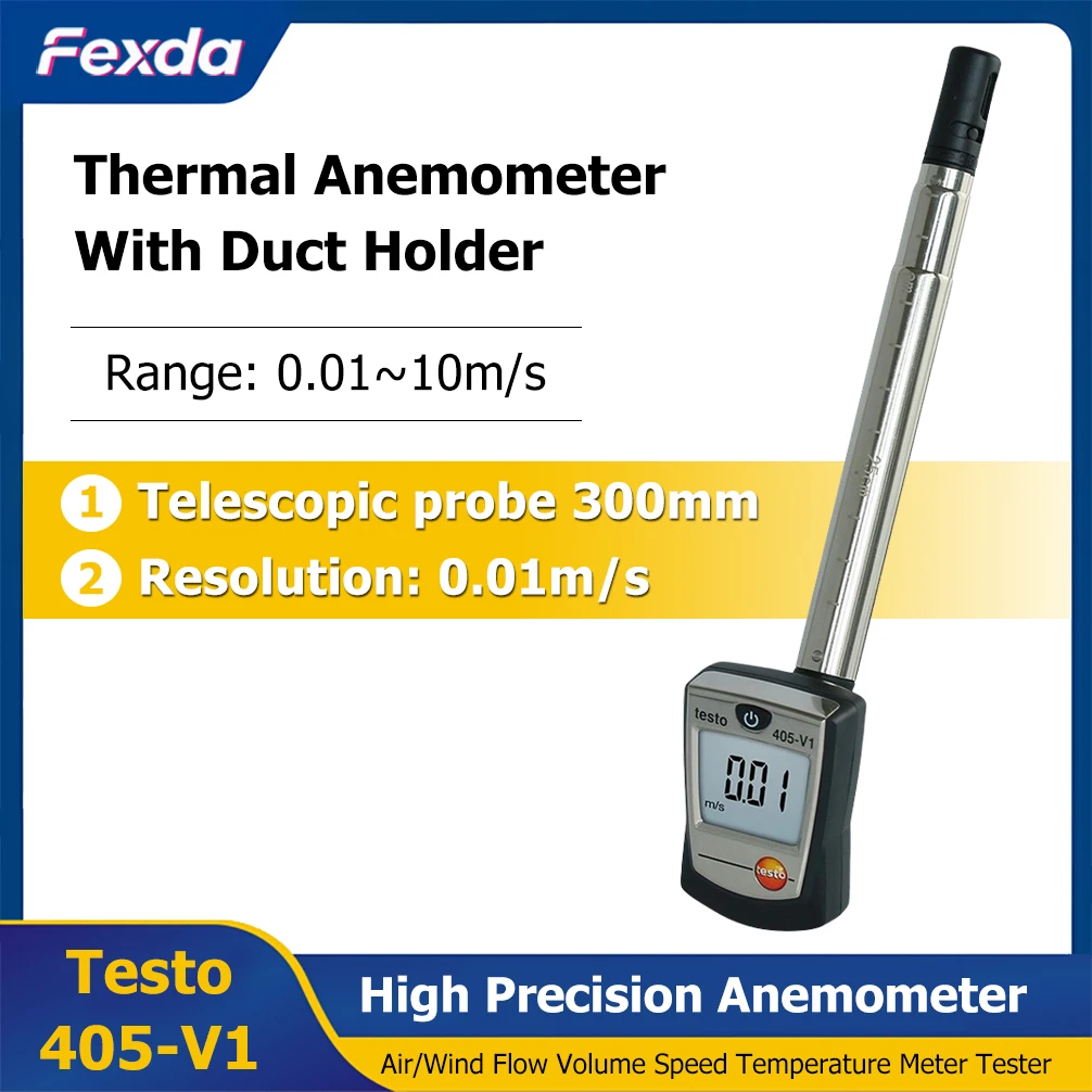 Testo 405-V1 Thermal Anemometer with Duct Holder Mini High Precision Digital Air/Wind Flow Volume Speed Temperature Meter Tester