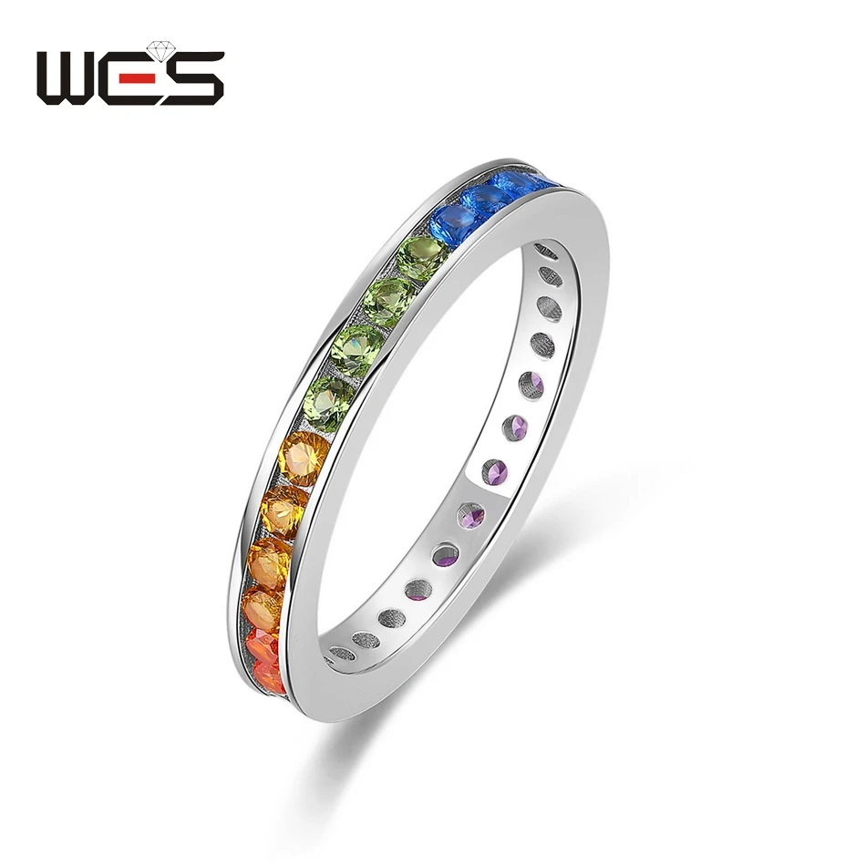 WES-anillos de plata de ley 925 para mujer, cristal de arcoíris colorido, Zicron de 2x2mm, regalos certificados, joyería fina, banda de fiesta, venta al por mayor