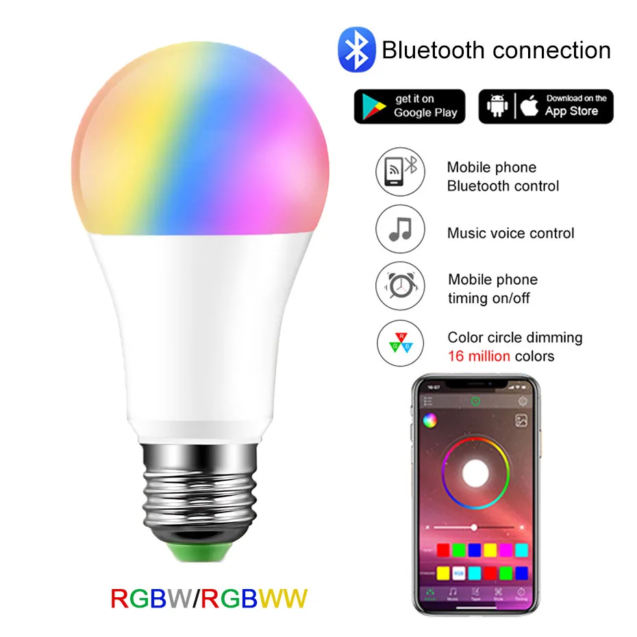 

Bluetooth Smart LED Bulb E27 B22 15W RGBW RGBWW Lamp 85-265V Dimmable Music Voice Control 20 Modes For Home Decoration Lighting