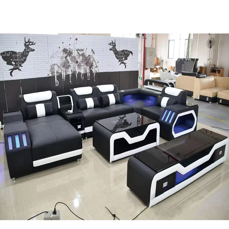 uj-Modern Design Leather L Shape Sofa Set Living Room Home Furniture  Leather Sofa Set Usb Charge Sofa With Music Play*