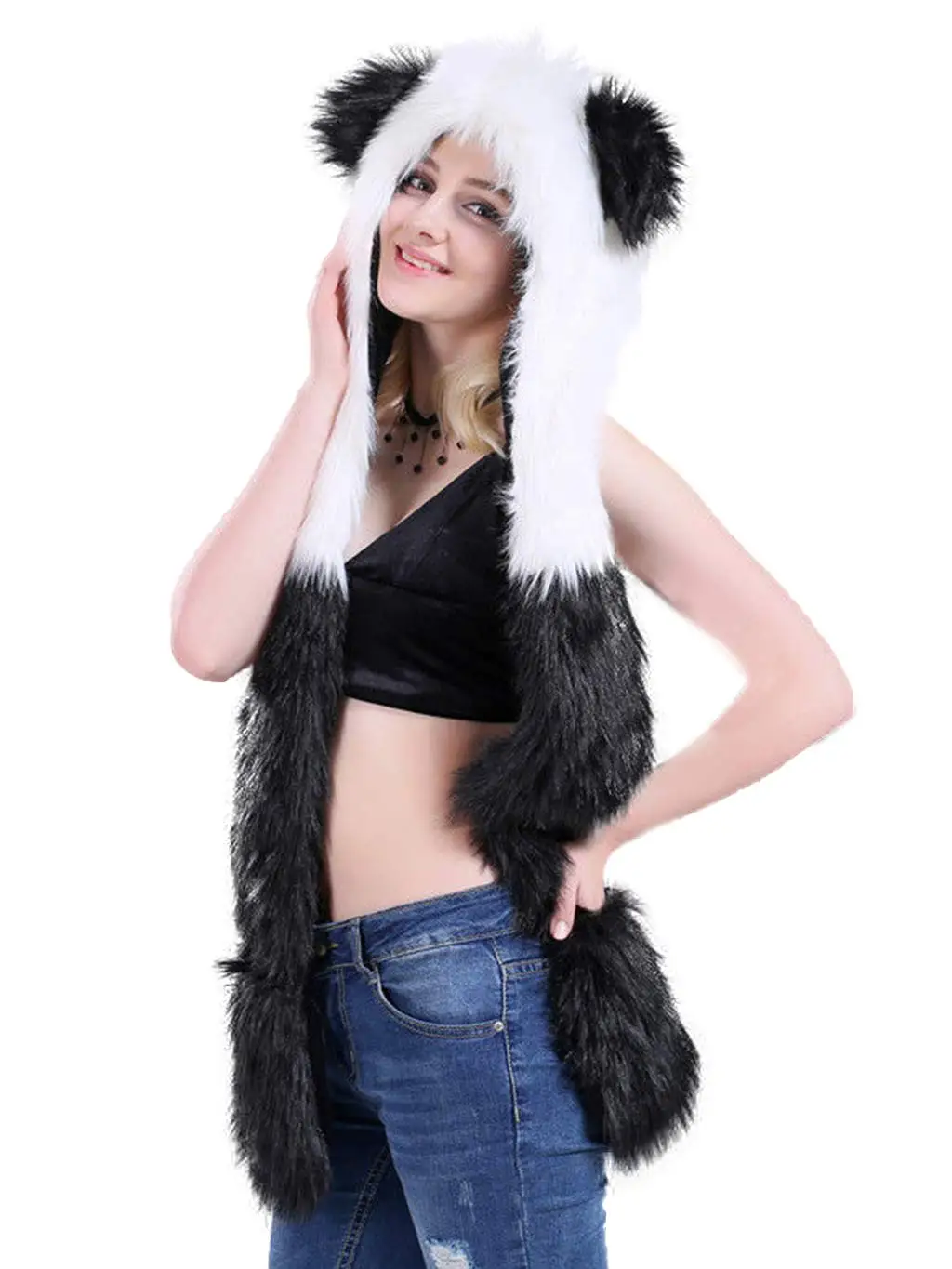 Panda ,Winter Novelty Faux Fur Hoods Animal Hat Scarf Gloves 3 in1 Fleece Hooded Plush Warm Earmuff Warcraft Cap