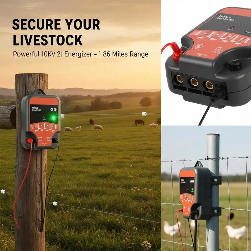 Livestock Energizer 10kV 2J For Farm Ranch Pasture, LED Indicator 1.86 Miles Range Plug-in Animal Barrier AC DC Power Supply Control System Indoor Outdoor Use 110-240V Connection