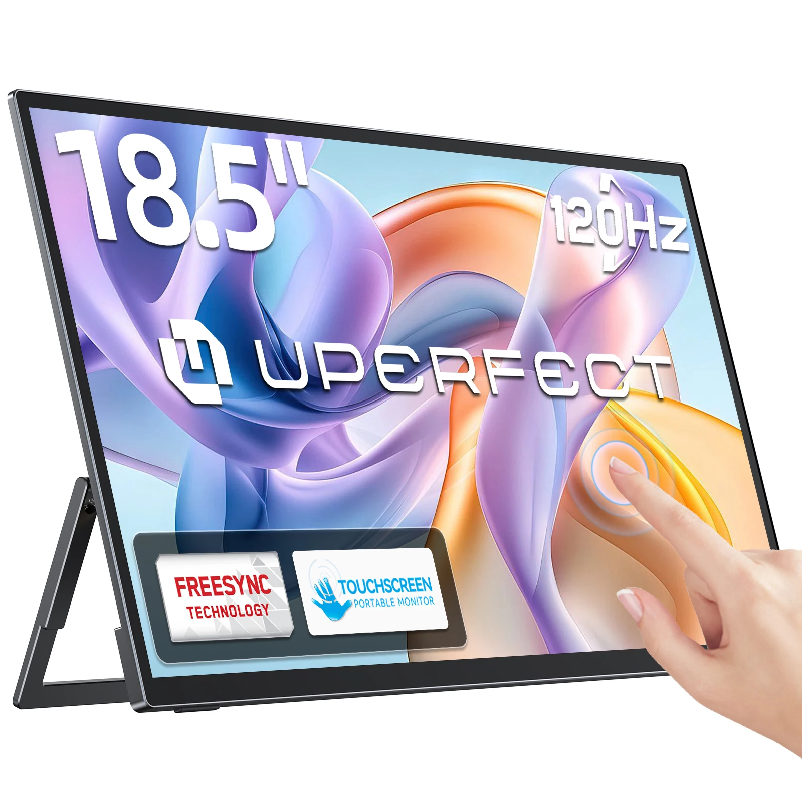 UPERFECT Touch 18,5 Zoll tragbarer Gaming Monitor 120Hz mit VESA Loch & Rücken Bracket Ultra-Slim Laptop Extended Display HDMI USB-C FHD HDR Touchscreen für Laptop Mac PC Surface PS5 Xbox Windows devs