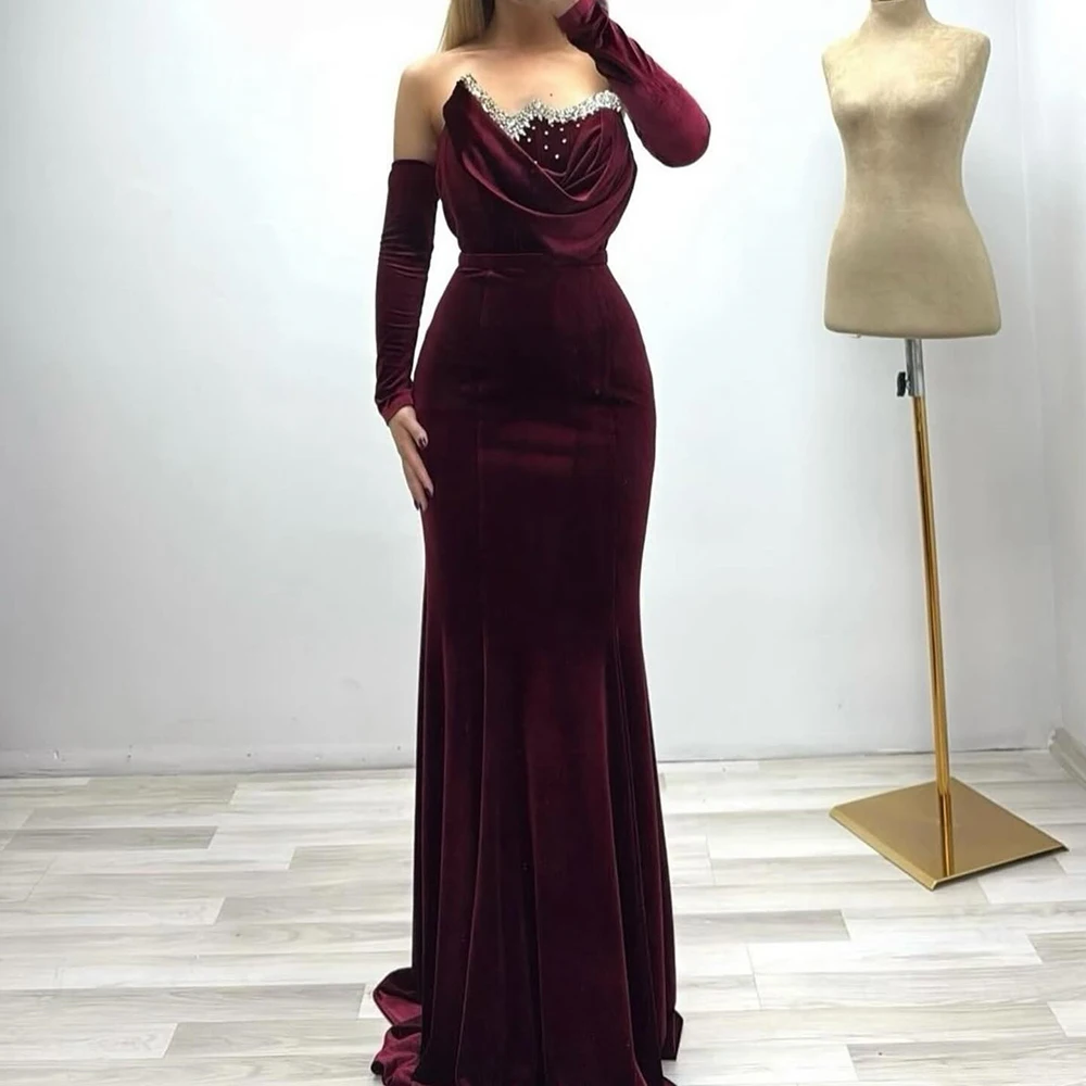 

Customized A-line Evening Dresses Floor-length Strapless Full Sleeve Prom Gown Fashion Crystal Pleat Simple Draped Party Gown