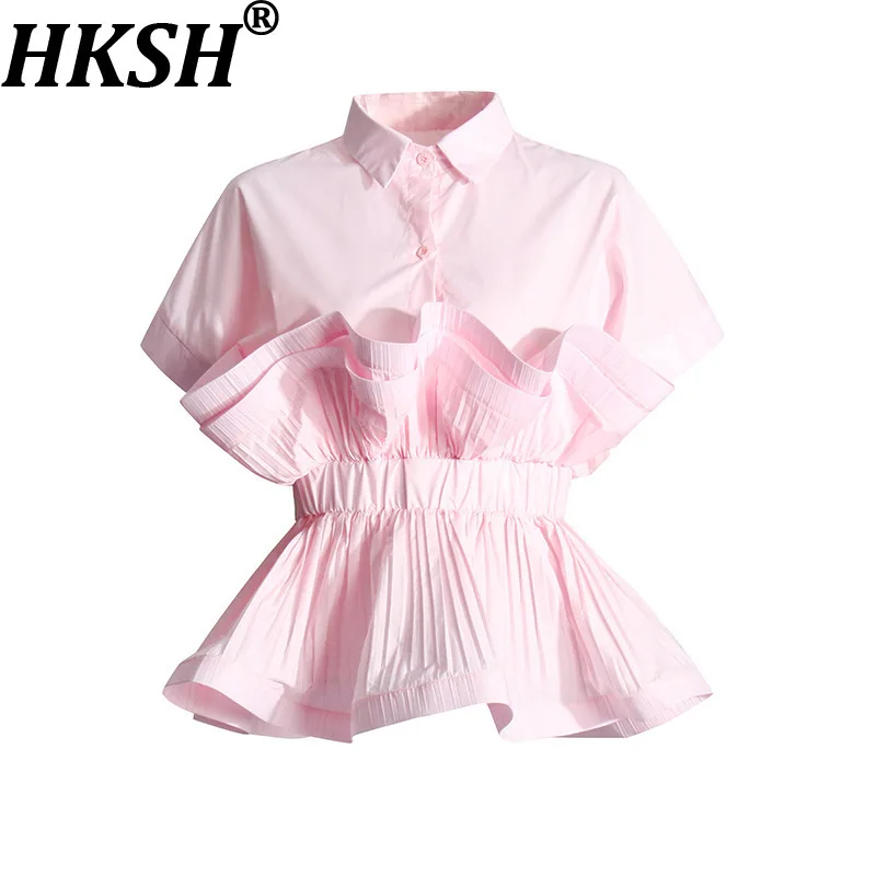 

HKSH Summer New Women Chic Shirt Turn-Down Collar Short Sleeve Ruffle Waist Cinching Solid Color Elegant High Street Tops HK9959