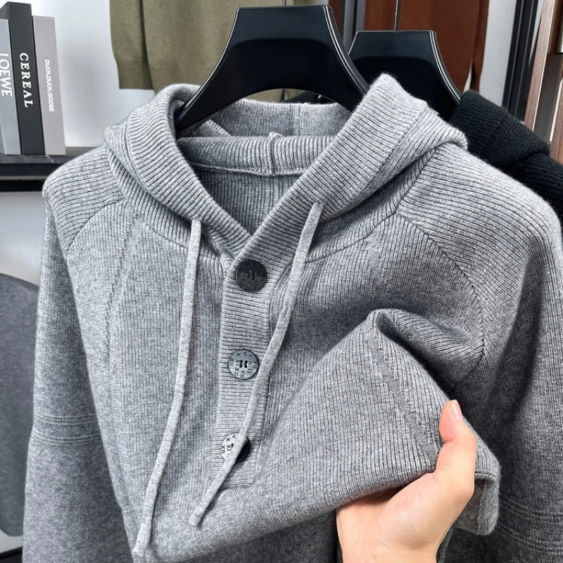 

Men’s Heavyweight Hooded Knit Sweater, Style Casual Pullover, Charcoal Gray Black M-2XL