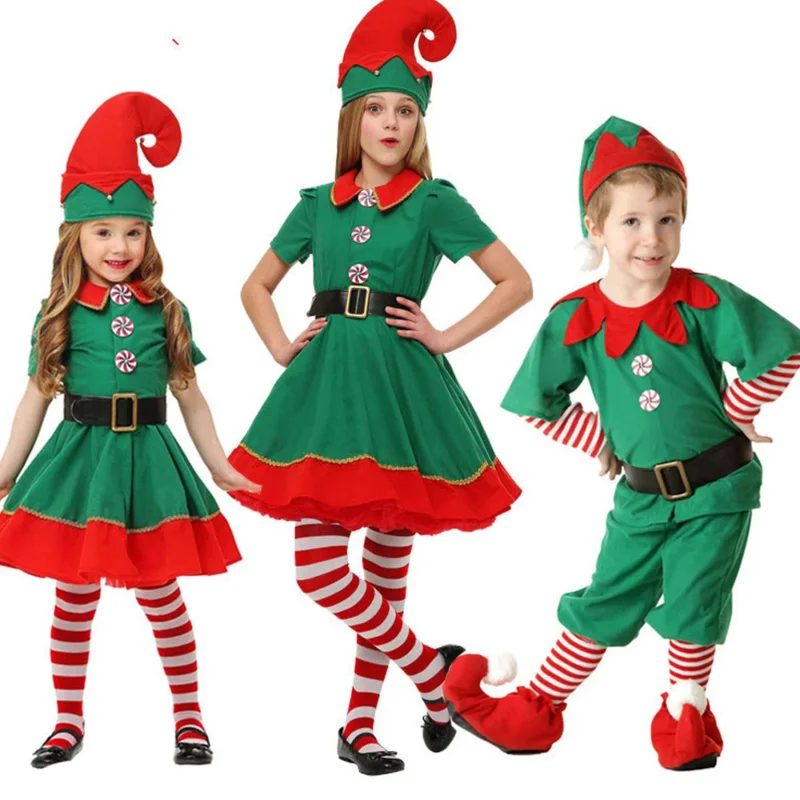 Christmas Cosplay Halloween Costumes For Kids Boy Girls Elby Dress With Hat Shoes Gift New Year Carnival Party Santa Claus