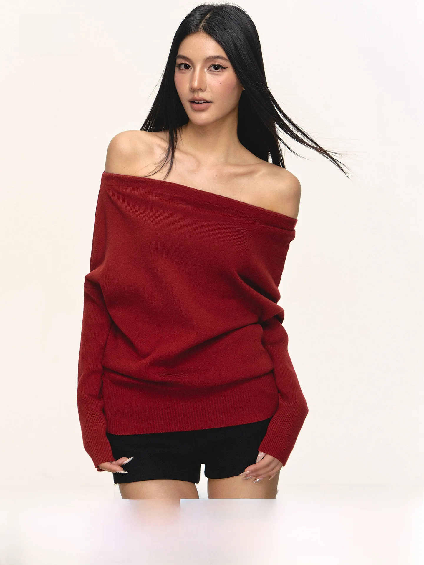 

Anna Aneae Red One-Shoulder Knitted Sweater Women's Casual Long Sleeve Spring New Style Spicy Pure Desire Loose Fit