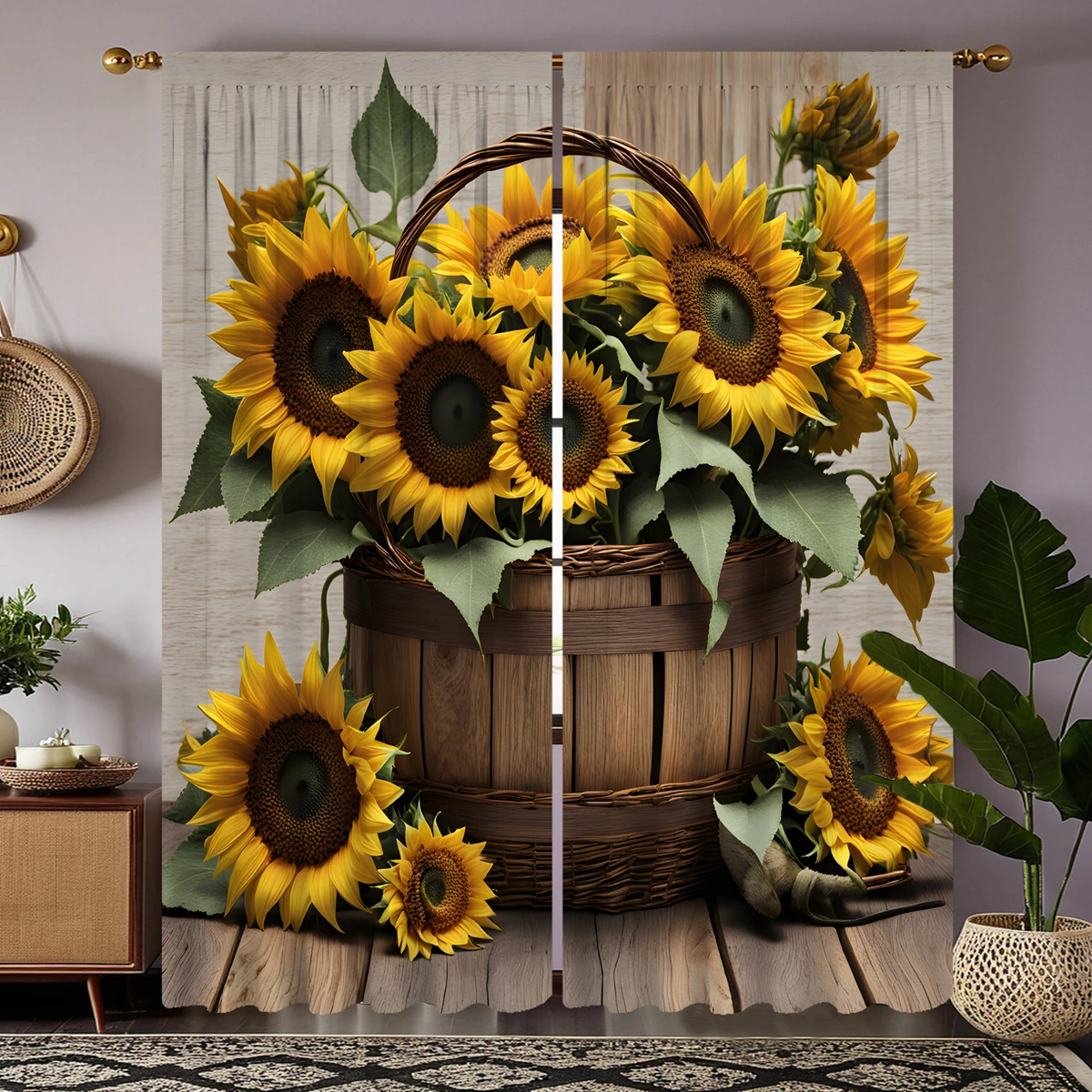 Cesta HD con flores de girasol, cortina decorativa amarilla con estampado digital, decoración del hogar, estilo, 2 piezas