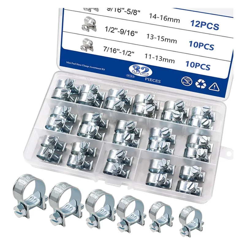 32pcs Carbon steel galvanized heavy-duty hose clamp, boxed ear-type clamp for water pipes and oil pipes